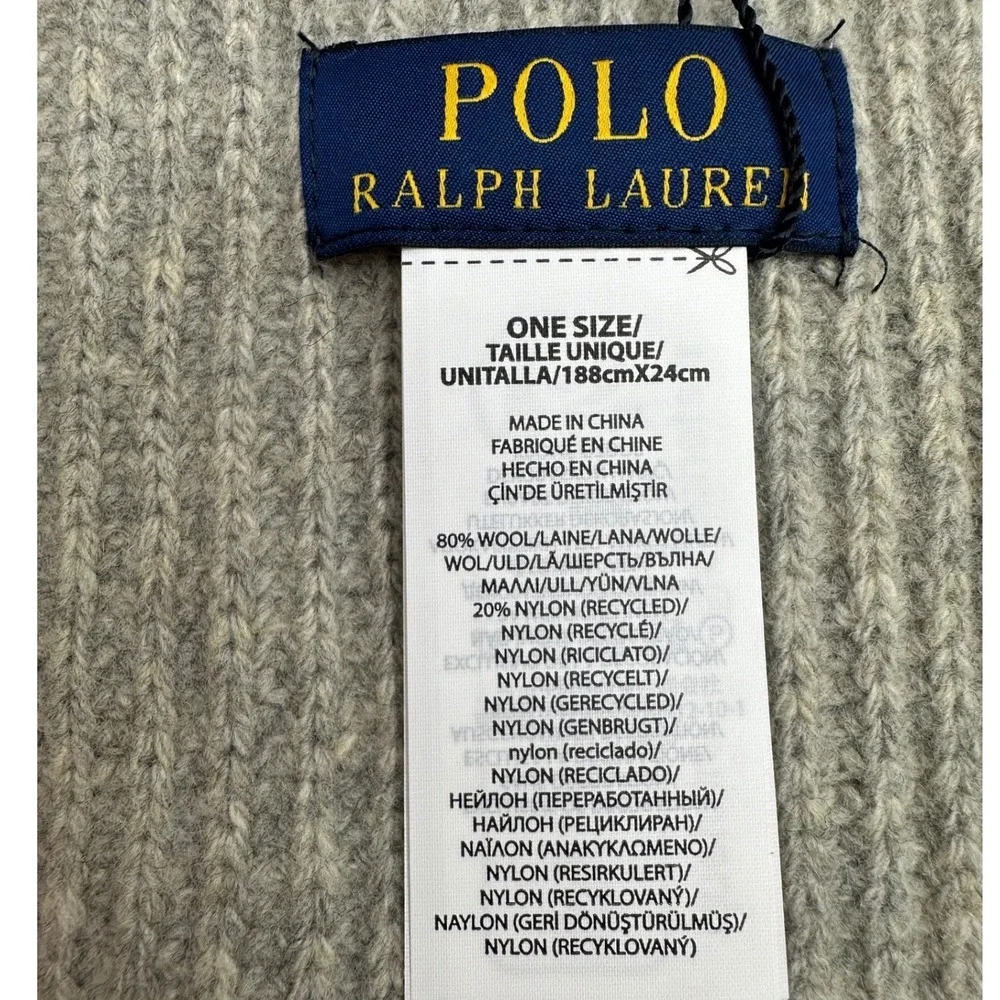 Polo Ralph Lauren Mens Grey Ribbed Wool Blend Scarf Embroidered Pony Logo NWT